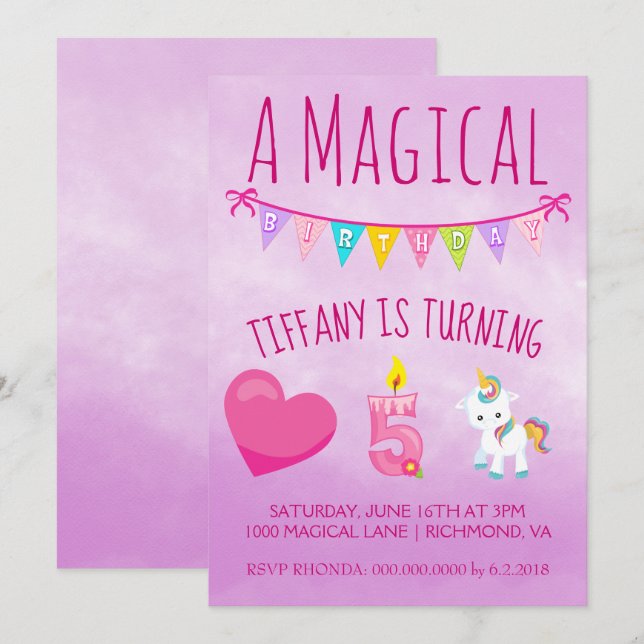 Unicorn Birthday Party Five Years Old Invitation (Front/Back)