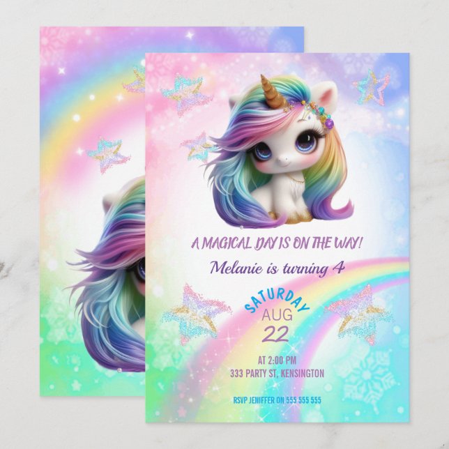 Unicorn Birthday Party Girl Invitation (Front/Back)