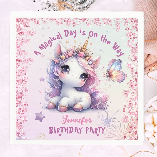 Unicorn Birthday Party Girl Pink Purple Paper Napkin (Creator Uploaded)