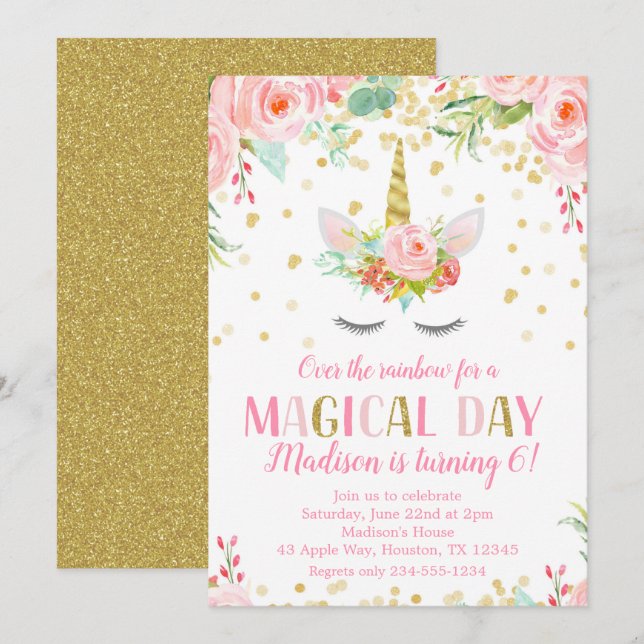 Unicorn Birthday Party Gold Glitter Flowers Invitation (Front/Back)