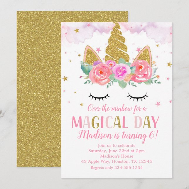 Unicorn Birthday Party Gold Glitter Flowers Invitation (Front/Back)