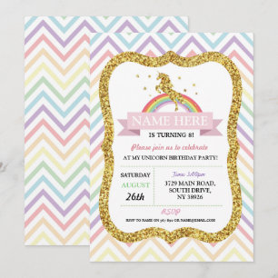 Unicorn Birthday Party Gold Glitter Rainbow Invitation