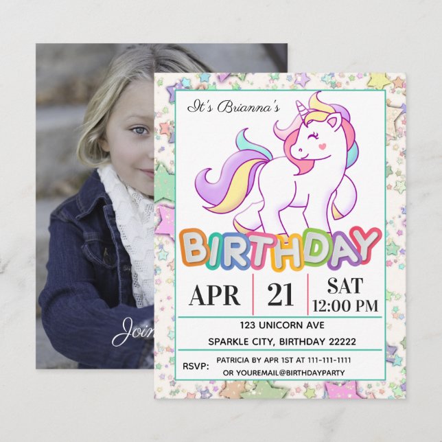 Unicorn Birthday Party Invitation (Front/Back)
