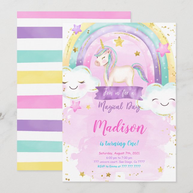Unicorn Birthday Party Invitation (Front/Back)