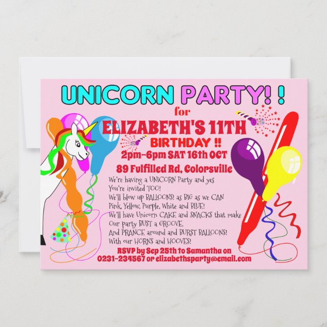 UNICORN birthday party Invitation (Front)