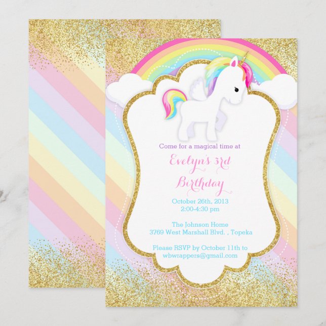 Unicorn Birthday Party Invitation - Pastel Rainbow (Front/Back)