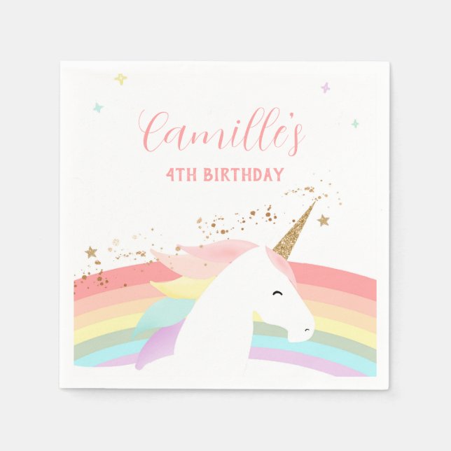 Unicorn birthday party invitation rainbow modern napkin (Front)