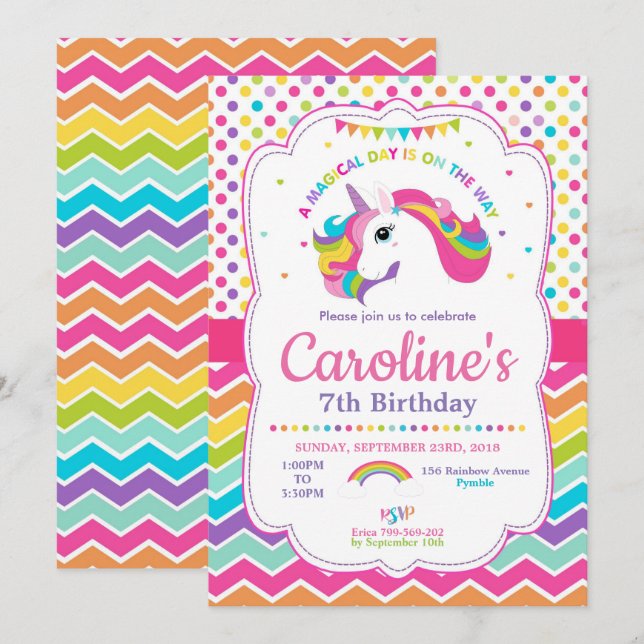 Unicorn Birthday Party Invitations Rainbow (Front/Back)