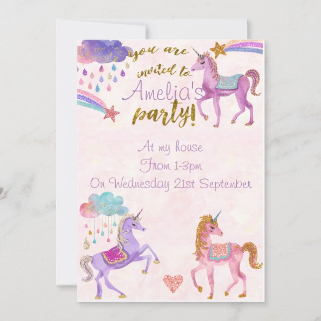 Unicorn birthday party invites or invitations (Front)