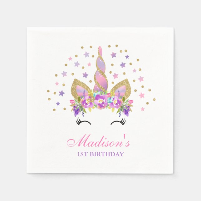 Unicorn Birthday Party Napkin Whimsical Unicorn (Front)