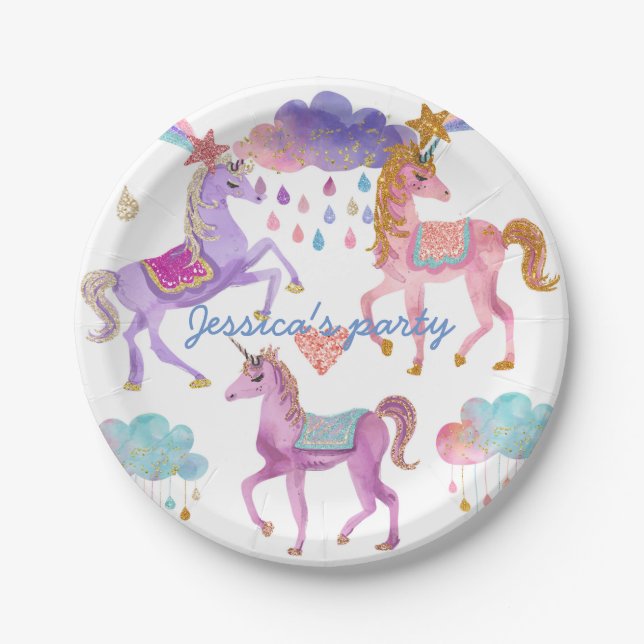 Unicorn birthday party paper plates (Front)