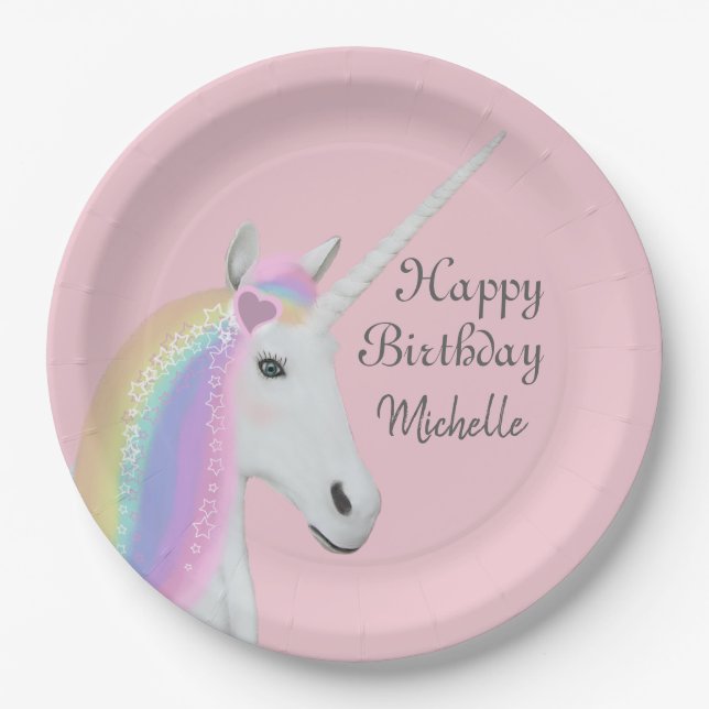 Unicorn Birthday Party Personalized Pink Paper Plate (Front)