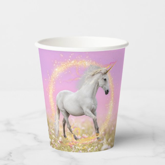 Unicorn Birthday Party Pink and Lavender Paper Cups (Front)