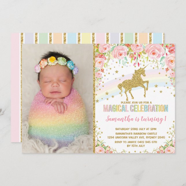 Unicorn Birthday Party Pink Roses Invitation (Front/Back)