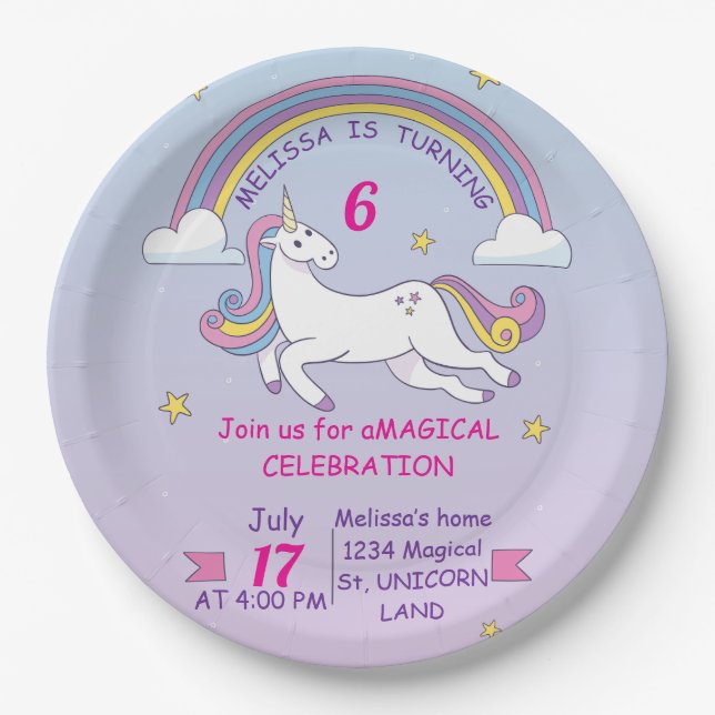 Unicorn Birthday Party Plate – Custom Name & Age (Front)
