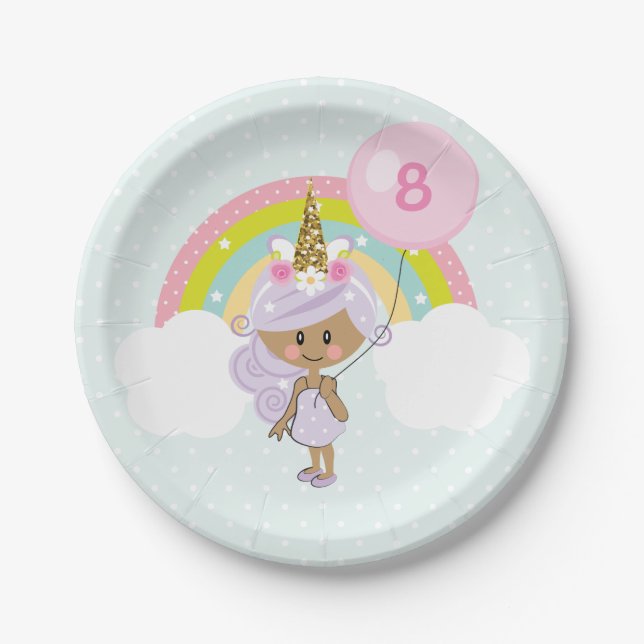 Unicorn Birthday Party Plates Dark Skin Tone (Front)