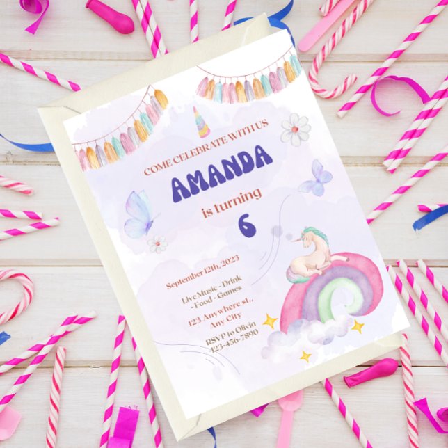 Unicorn Birthday Party, Rainbow & Clouds for Kids Invitation (Creator Uploaded)