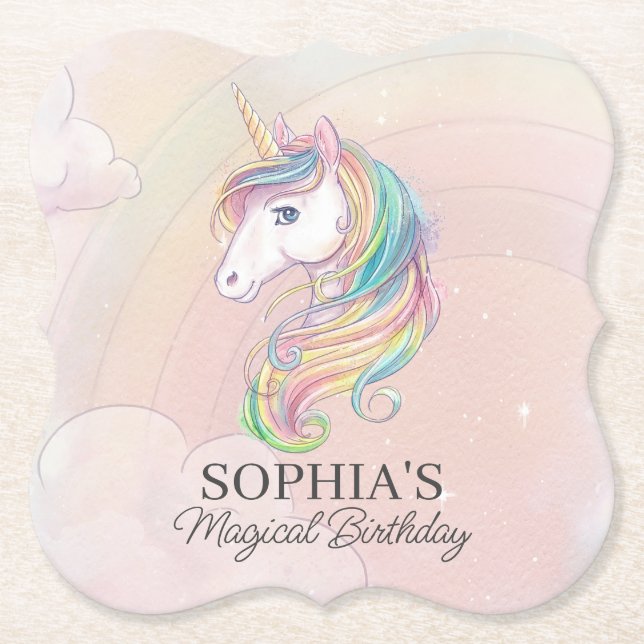 Unicorn birthday party rainbow party decor paper coaster (Front)