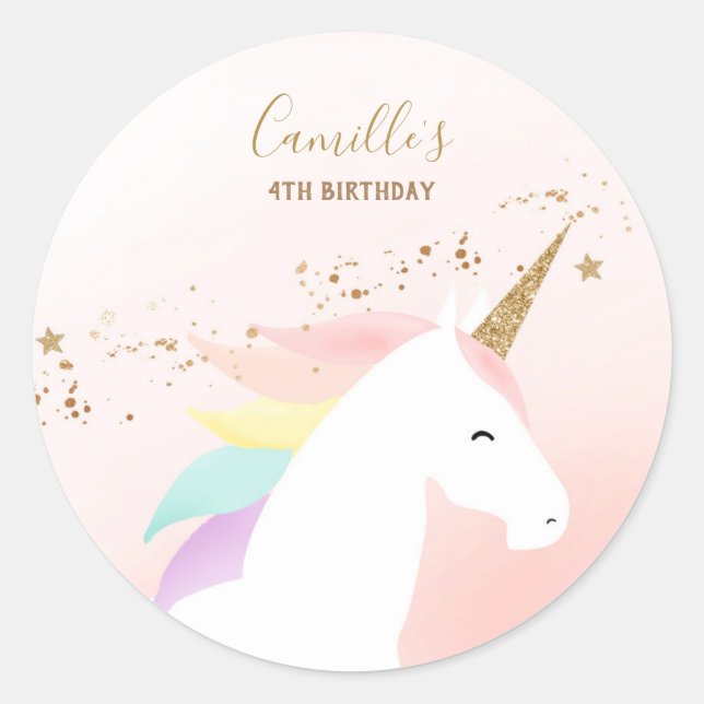 Unicorn birthday party sticker with name age (Front)