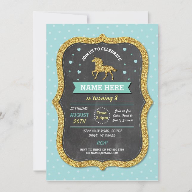 Unicorn Birthday Party Teal Gold Glitter Invite (Front)