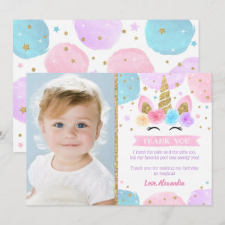 Unicorn Birthday Party Thank You Cards with Photo 