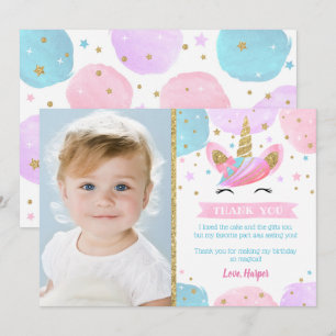 Unicorn Birthday Party Thank You Cards with Photo