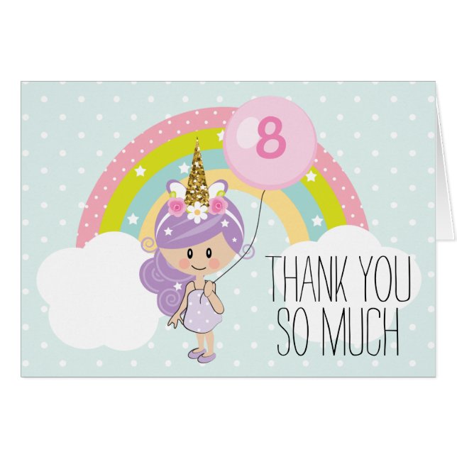 Unicorn Birthday Party Thank You Note Cards (Front Horizontal)