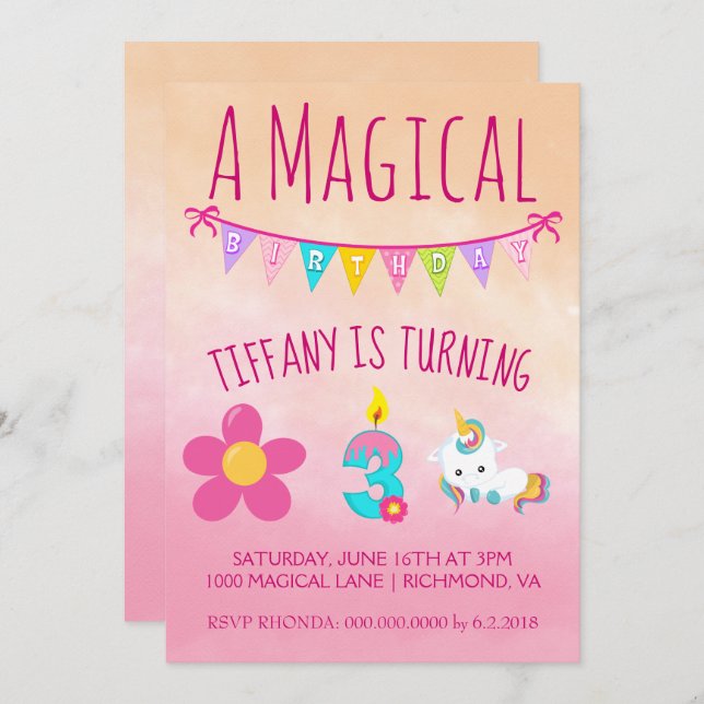Unicorn Birthday Party Three Years Old Invitation (Front/Back)