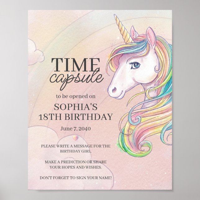 Unicorn birthday party time capsule sign (Front)