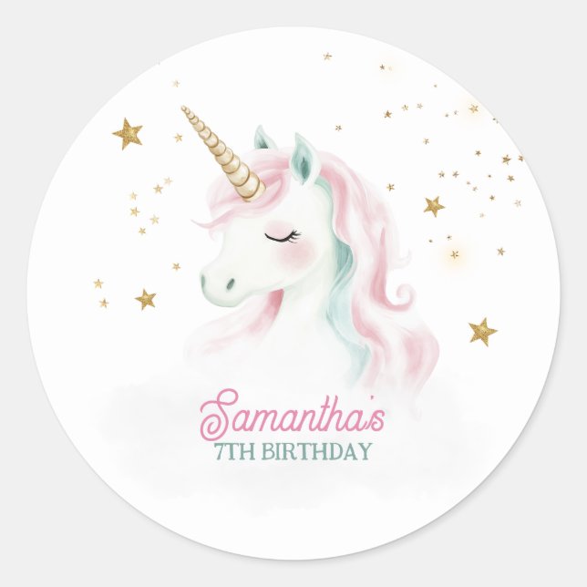 Unicorn Birthday, Pastel Unicorn, Rainbow Classic Round Sticker (Front)