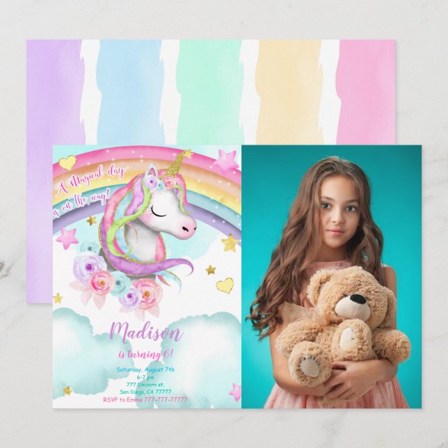 Unicorn Birthday Photo Invitation (Front/Back)