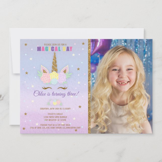 Unicorn Birthday Photo Invitation Pink Purple Gold (Front)