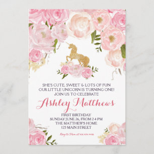 Unicorn birthday pink Beautiful Floral Invitation, Invitation