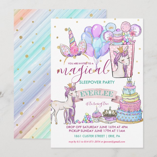 Unicorn Birthday Slumber Party Invitation (Front/Back)