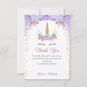 Unicorn birthday thank you card, purple and gold card