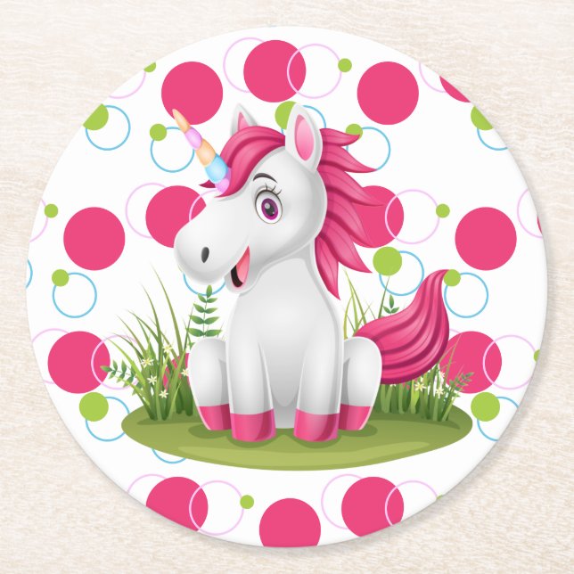 Unicorn Birthday Theme Round Paper Coaster (Front)