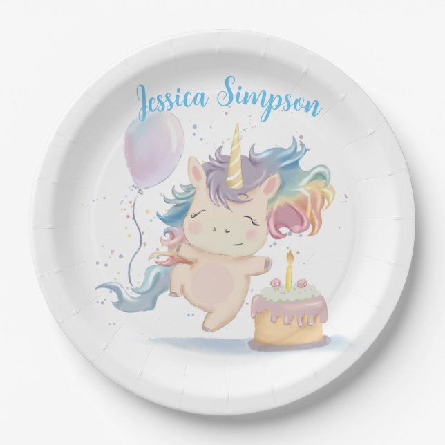 unicorn birthday with cake Paper Plate (Front)