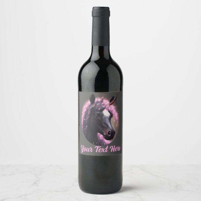 Unicorn Black and Pink Fairy Fantasy Creature  Wine Label (Front)