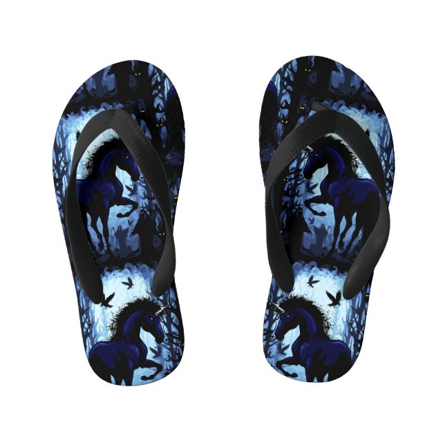 Unicorn Black Magic Fairy in Dark Forest Kid's Flip Flops (Footbed)
