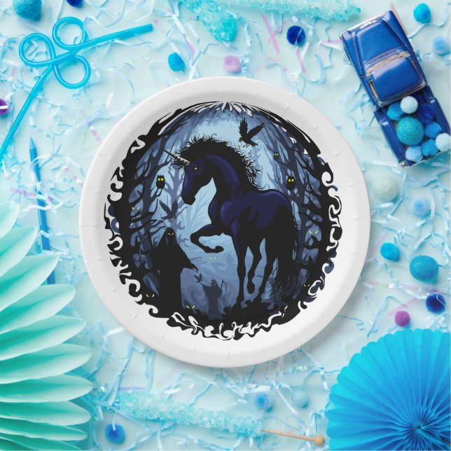 Unicorn Black Magic Fairy in Dark Forest Paper Plate (Party)