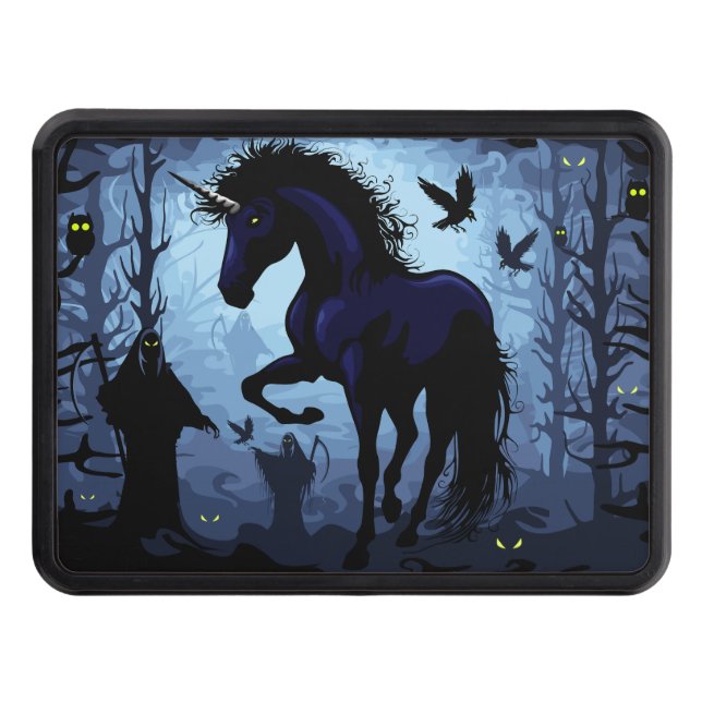 Unicorn Black Magic Fairy in Dark Forest Trailer Hitch Cover (Front)