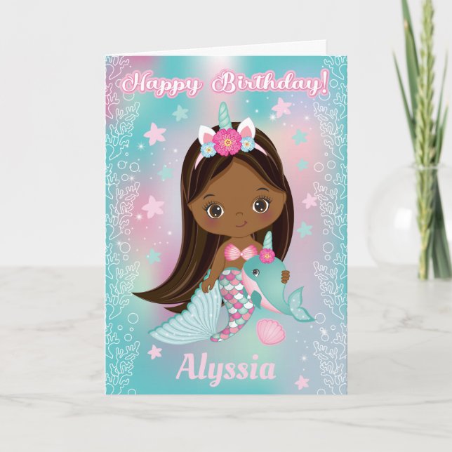 Unicorn Black Mermaid  | Happy Birthday Card (Front)