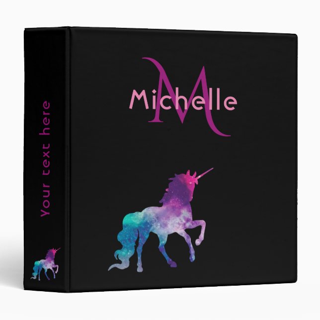 Unicorn black purple pink monogram name binder (Front/Spine)