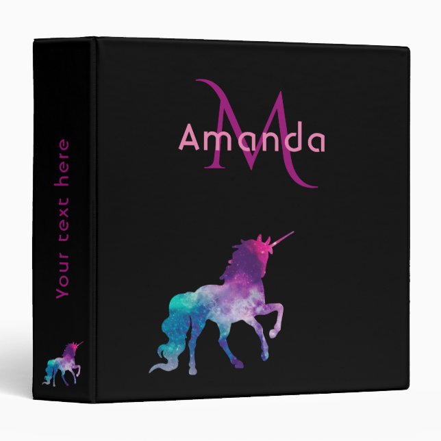Unicorn black purple pink monogram name binder (Front/Spine)