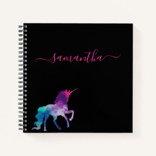 Unicorn black purple pink monogram script notebook