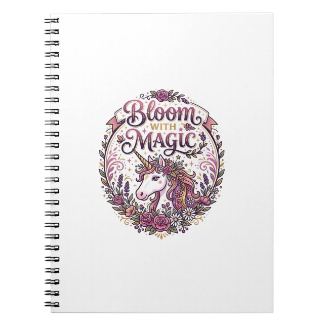 Unicorn Bloom with Magic POD Ready White Backgroun Notebook (Front)