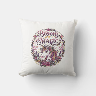 Unicorn Bloom with Magic POD Ready White Backgroun Throw Pillow