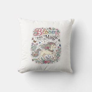 Unicorn Bloom with Magic Premium Vector Typography Throw Pillow