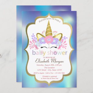 Unicorn,Blue Holographic Baby Shower Invitation