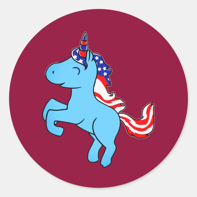 Unicorn Blue Patriotic USA Flag Mane Cartoon Classic Round Sticker (Front)